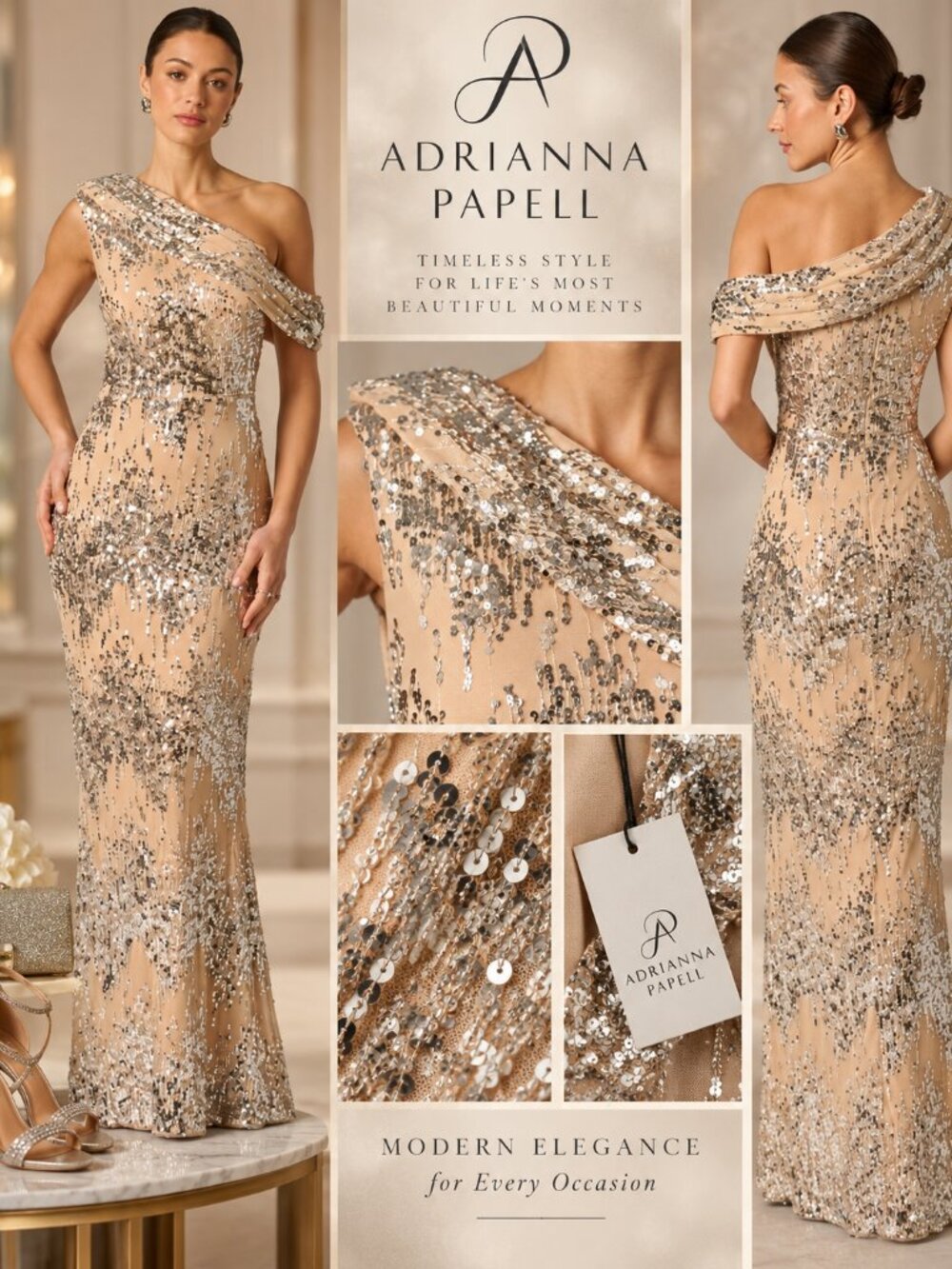 Adrianna Papell Silver Sequin One Shoulder Formal Gown Size 2 NWT